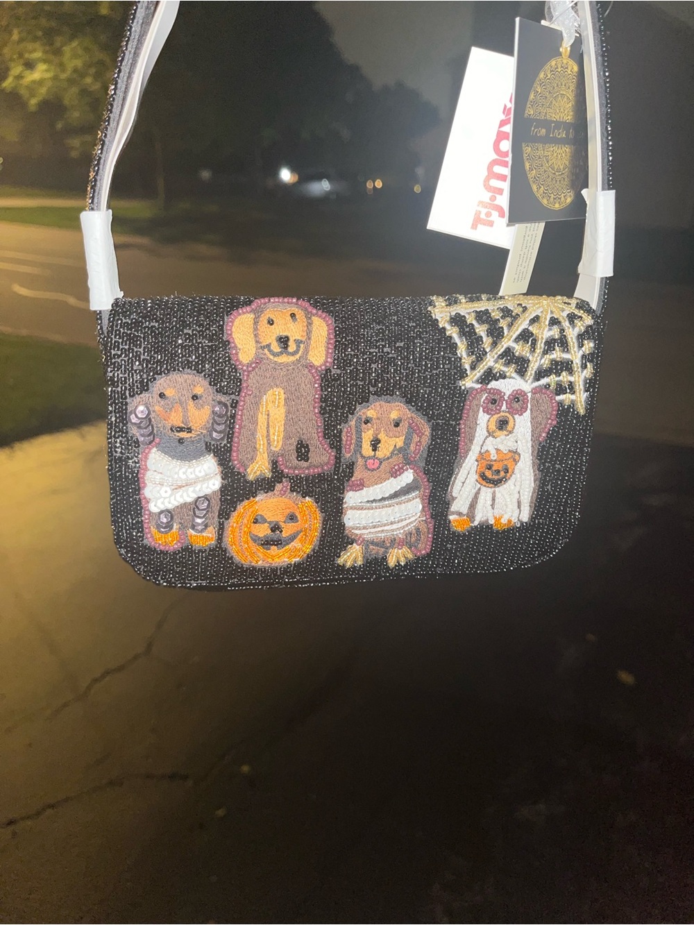 Halloween Beaded Dog Motif Crossbody Bag - Black
